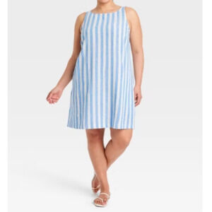 Ava + Viv Women's 3X Sleeveless Linen Blend Dress White Blue Stripe Knee Length